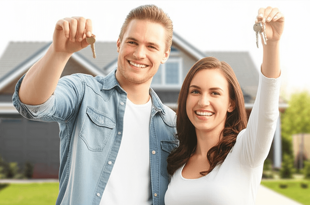 Couple celebrating in front of new home