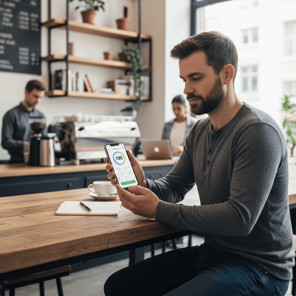 Person using credit monitoring app on phone